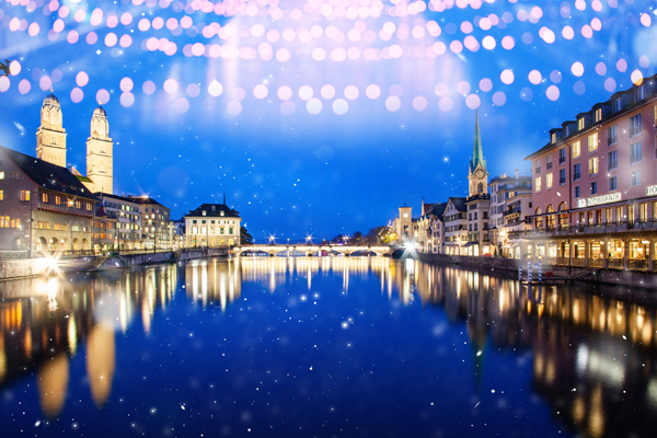Snowfall on Lake Zurich, Switzerland